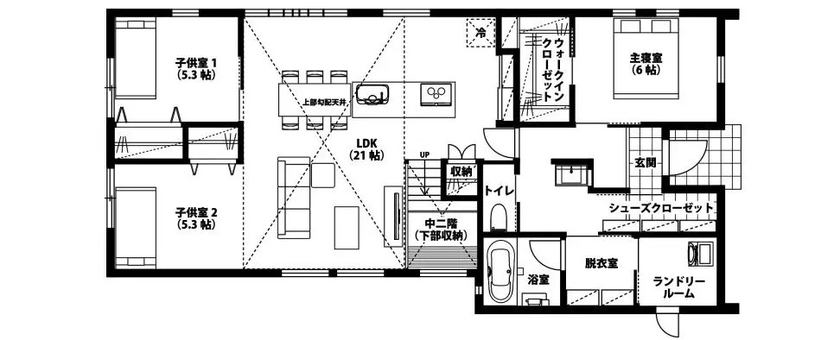 悠悠ホーム 【平屋/スキップフロア/アイランドキッチン】暮らしやすさのヒミツは健康的なくつろぎ空間と家事動線の間取り図（3LDK）1階