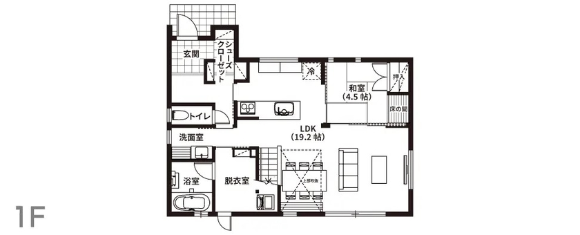 悠悠ホーム 【吹抜け/外断熱/家事ラク動線】玄関から即キッチンにつながるラクラク動線の間取り図（4LDK）1階