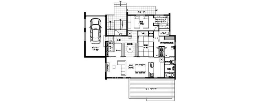 悠悠ホーム 【平屋/インナーガレージ/囲炉裏】土間のある快適な暮らしを実現した完全自由設計の平屋の間取り図（3LDK）1階