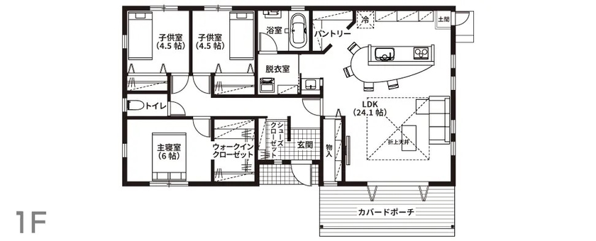 悠悠ホーム 【平屋/ガレージハウス/外断熱】デザインも機能性も大満足！憧れをカタチにした自分だけのハワイアンハウスの間取り図（3LDK）1階