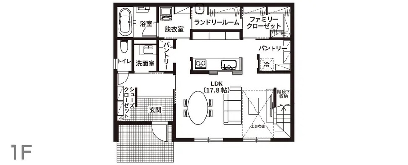 悠悠ホーム 【吹抜け/ファミリークローゼット/ランドリールーム】オフホワイトに差し色アクセントのある南欧風の家の間取り図（3LDK）1階