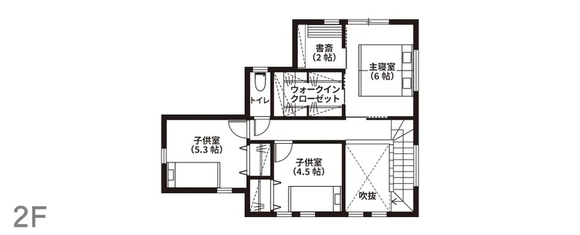 悠悠ホーム 【吹抜け/ファミリークローゼット/ランドリールーム】オフホワイトに差し色アクセントのある南欧風の家の間取り図（3LDK）2階