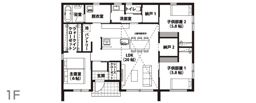悠悠ホーム 【平屋/勾配天井/納戸/外断熱】新しい“仲良し”が生まれた完全自由設計の平屋の間取り図（3LDK）1階