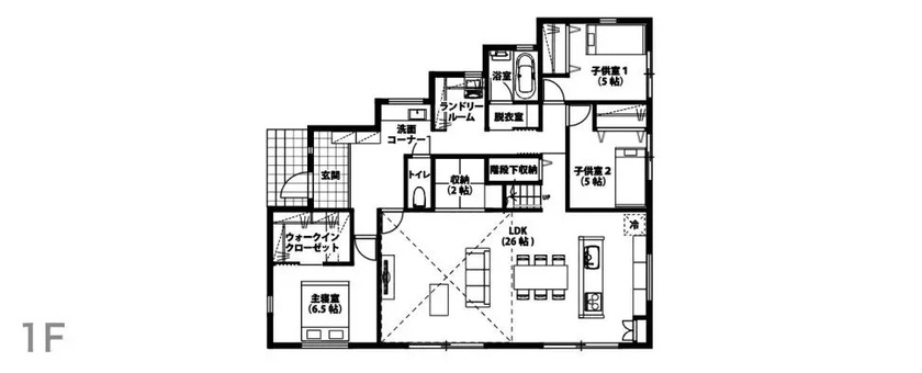 悠悠ホーム 【平屋/ランドリールーム/外断熱】眺望がプライスレス！スカイバルコニーがある至極の平屋の間取り図（3LDK）1階