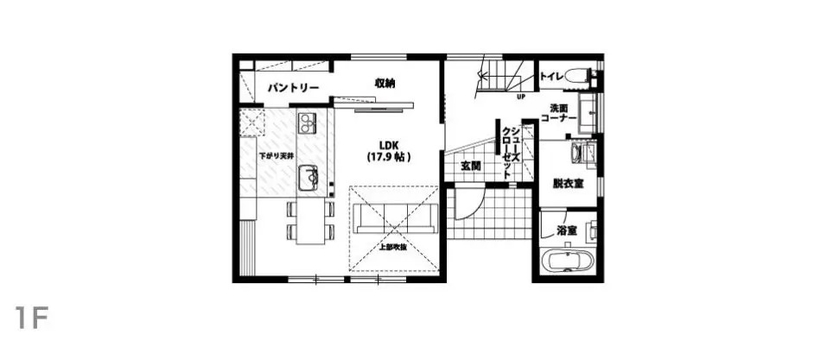 悠悠ホーム 【吹抜け/外断熱/2階建て】落ち着いたグレイッシュがかっこいい！ホテルライクなこだわりが実現したお家の間取り図（3LDK）1階