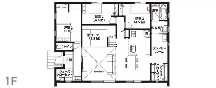 悠悠ホーム 【平屋/勾配天井/中2階/外断熱】「家づくり勉強会」で学んで建てた！3層構造のシン・ヒラヤStyleの間取り図（3LDK）1階