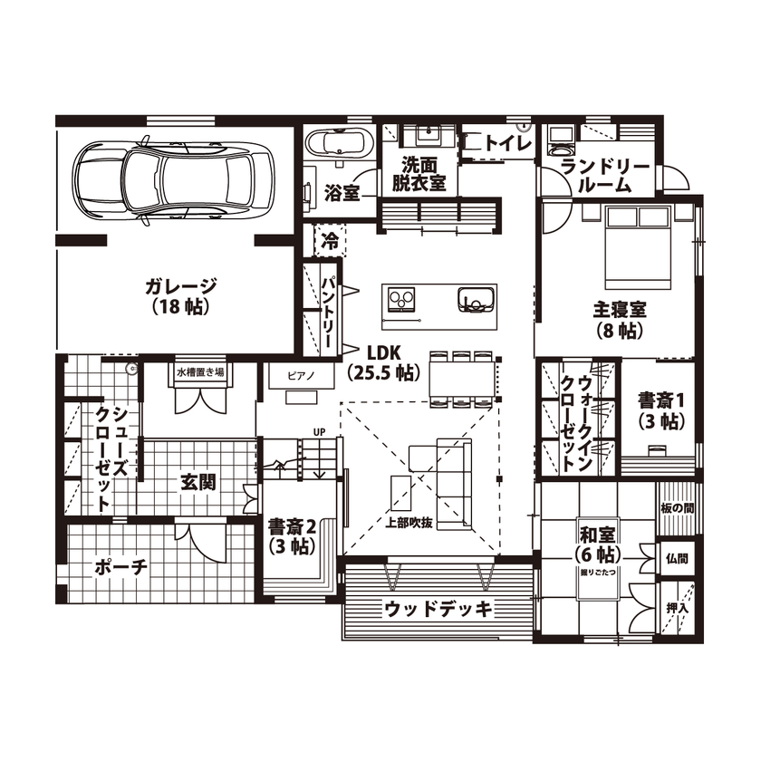 悠悠ホーム 吹抜けの大空間リビングは必見！7人家族が住む、回遊動線が見事な理想の二世帯住宅の間取り図（5K以上）1階