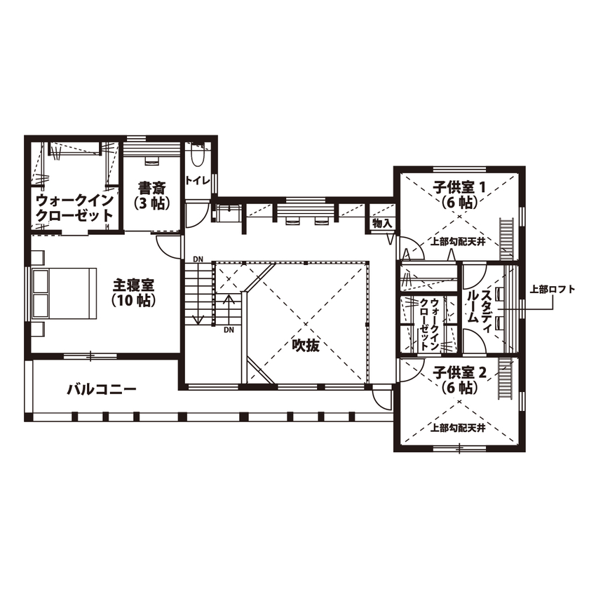 悠悠ホーム 吹抜けの大空間リビングは必見！7人家族が住む、回遊動線が見事な理想の二世帯住宅の間取り図（5K以上）2階