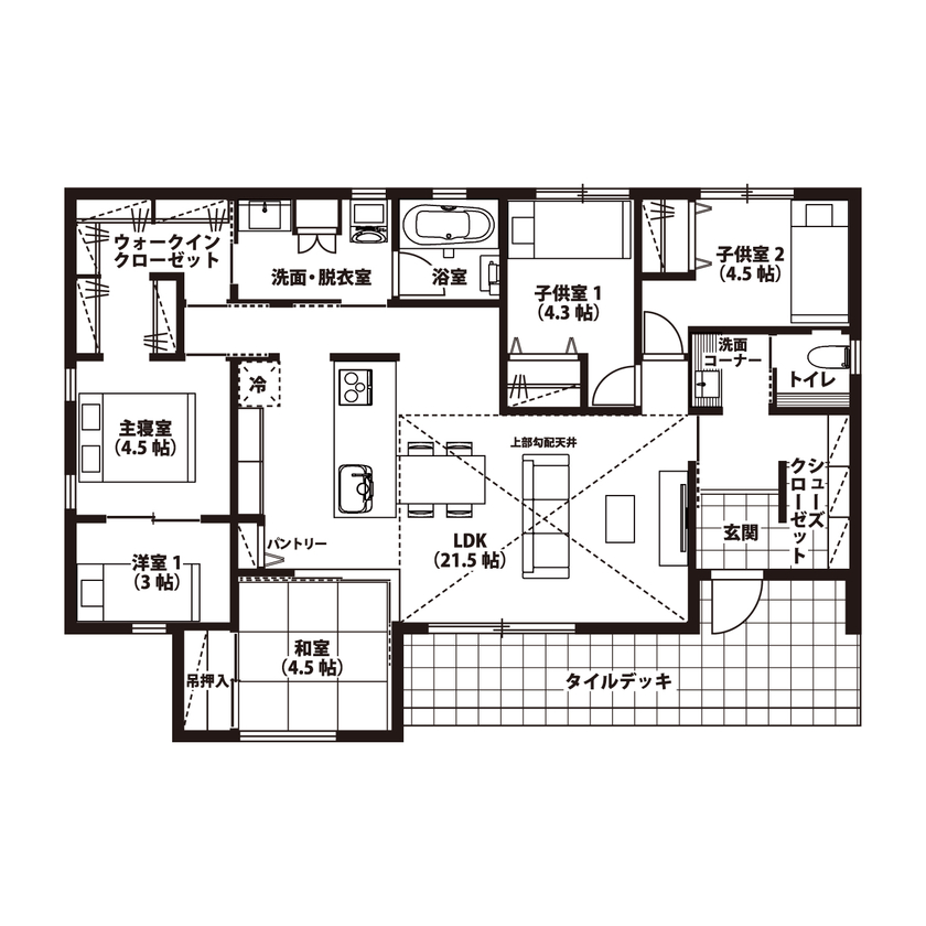 悠悠ホーム 片流れのおしゃれな外観　21.5帖のひろびろLDK　シンプル＆モダンな平屋スタイルの間取り図（4LDK）1階