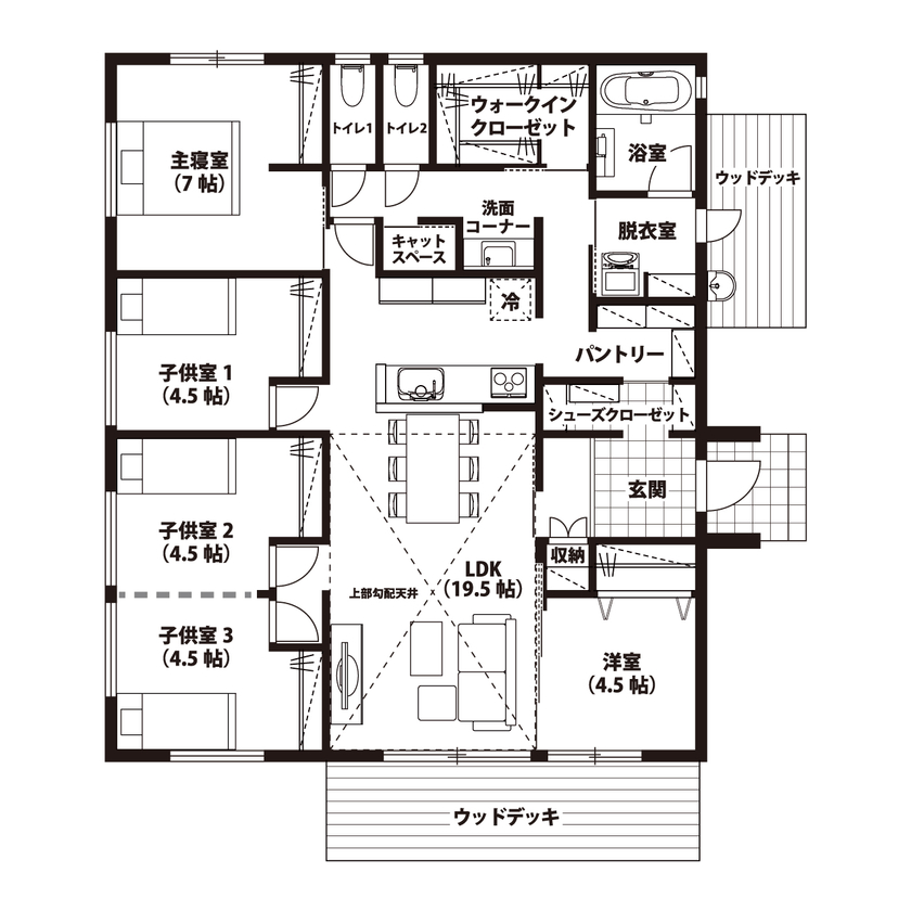 悠悠ホーム 玄関→パントリー→キッチンの秀逸家事ラク動線　LDKを中心にした家族の笑顔あふれる平屋の間取り図（5K以上）1階