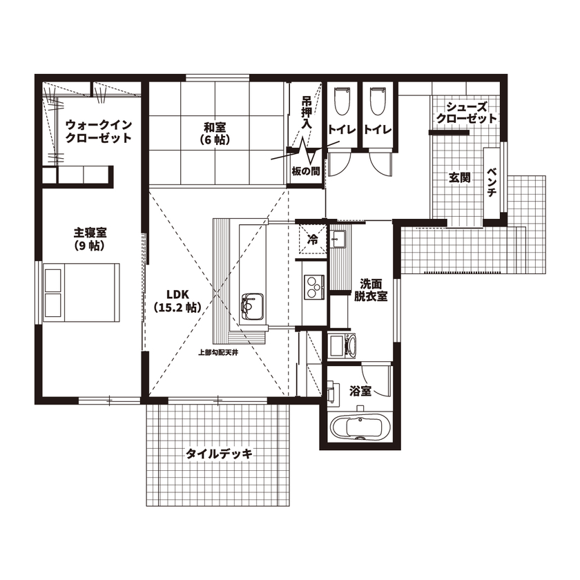 悠悠ホーム 掘り下げキッチンと造作カウンターはまるで料亭の雰囲気　和の趣をふんだんに取り入れたモダン平屋の間取り図（2LDK）1階