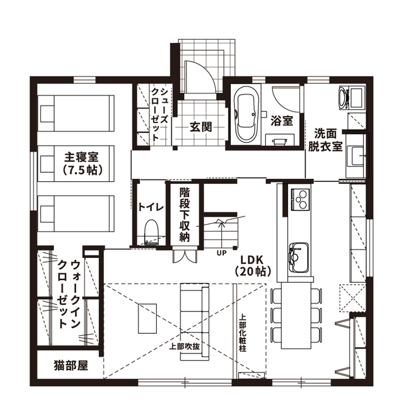 悠悠ホーム 【2500万円～2999万円で建てた家／約36坪／間取り図あり】家族と愛猫がくつろぐ、吹抜けのリビングの間取り図（3LDK）1階