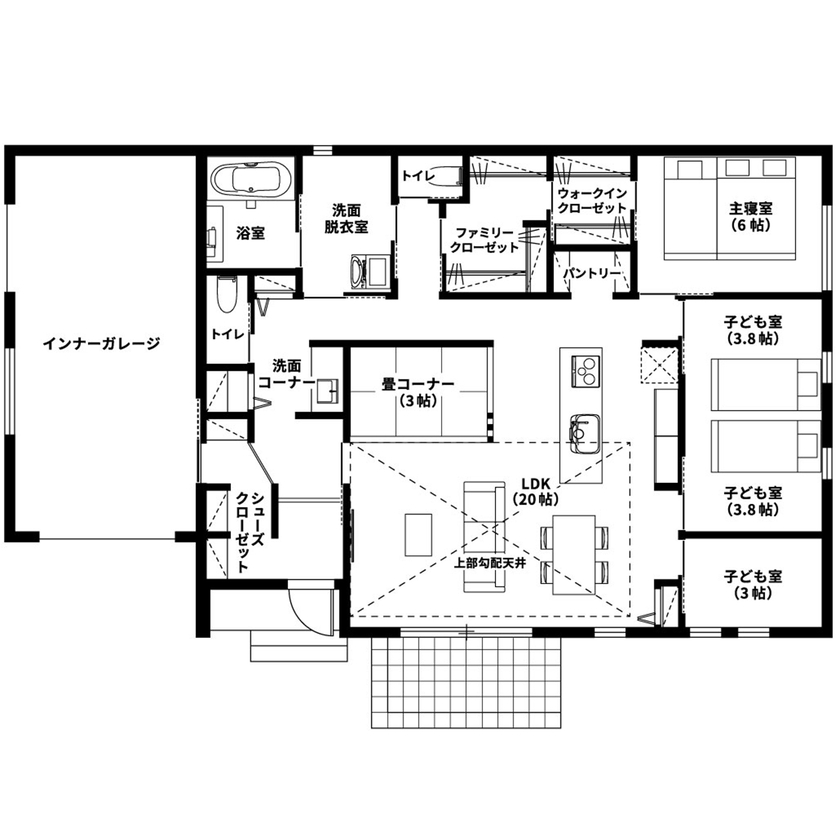 悠悠ホーム 【3300万円台で建てた家／約40坪／間取り図有】ビルトインガレージと広い庭で遊び心も満たされた平屋の間取り図（3LDK（4LDK対応））1階