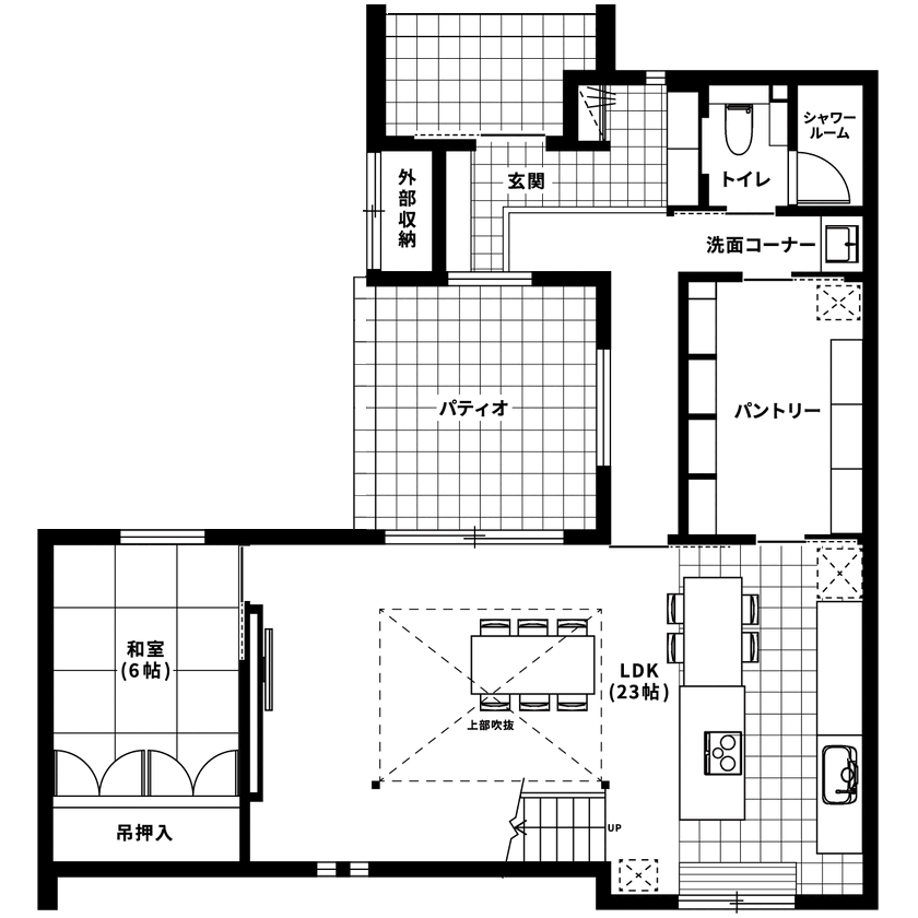 悠悠ホーム 【4000万円～4500万円で建てた家／約45坪／間取り図有】おもてなしの空間が広がる、家族やゲストが集う家の間取り図（3LDK＋パントリー）1階