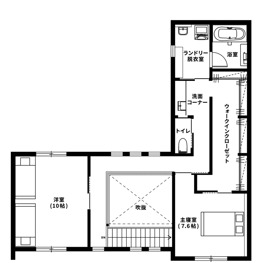 悠悠ホーム 【4000万円～4500万円で建てた家／約45坪／間取り図有】おもてなしの空間が広がる、家族やゲストが集う家の間取り図（3LDK＋パントリー）2階