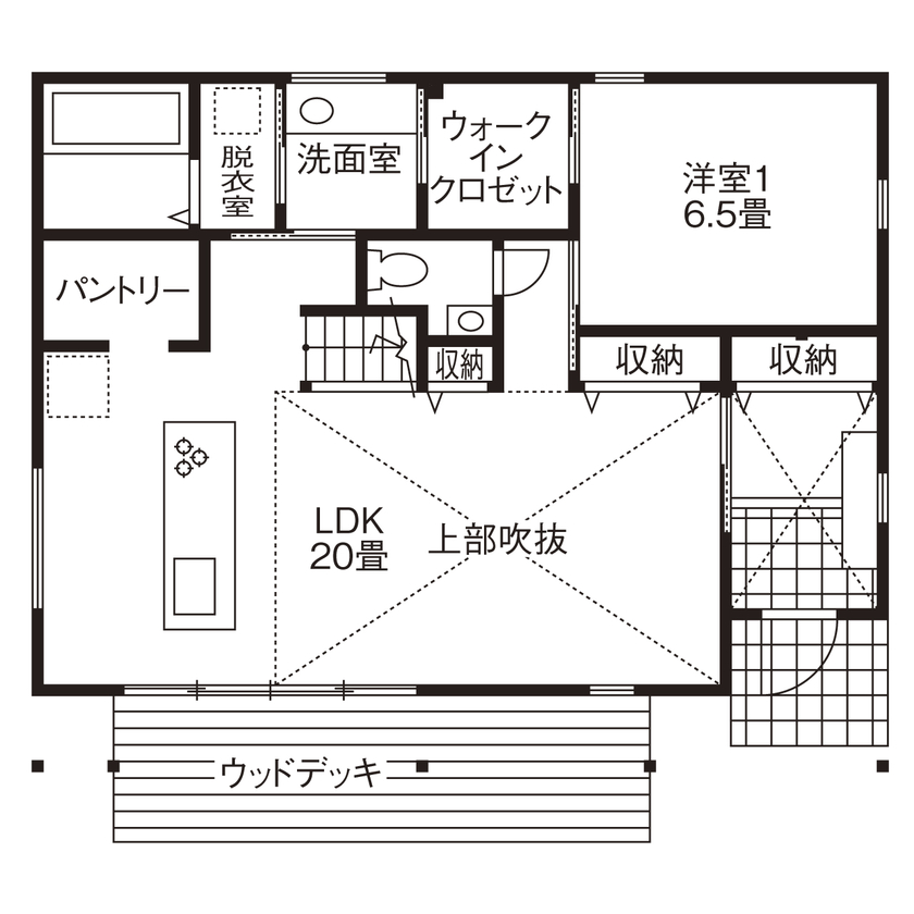 森のめぐみ工房 平屋風の存在感ある外観。ログハウスのように、無垢材をたっぷり使用した木の家の間取り図（3LDK）１階