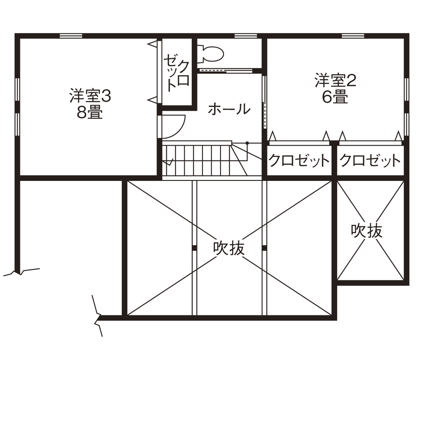 森のめぐみ工房 平屋風の存在感ある外観。ログハウスのように、無垢材をたっぷり使用した木の家の間取り図（3LDK）２階