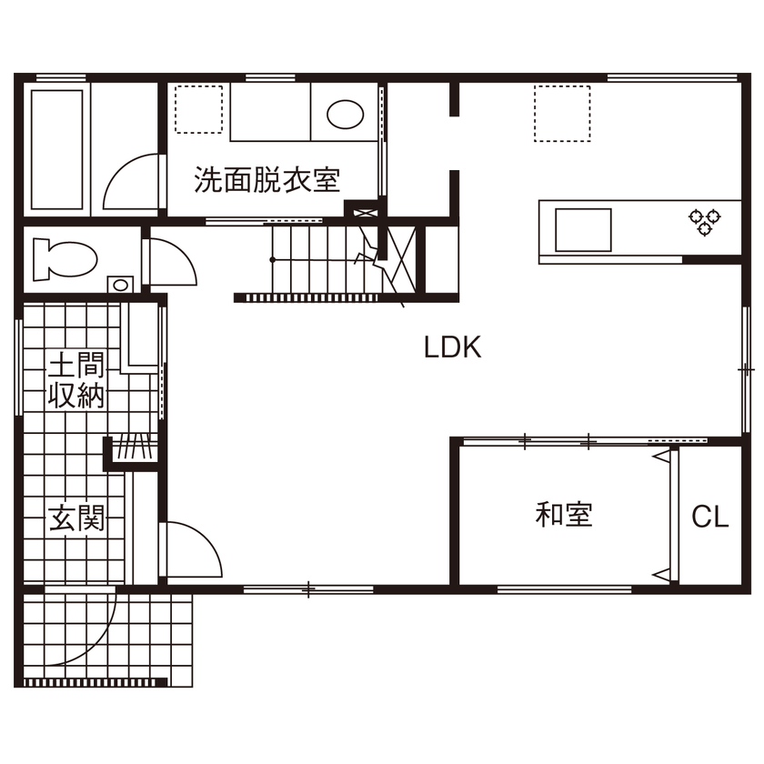 森のめぐみ工房 【1000万円台後半／間取り図有】キッチンから見守るLDK。子育てを楽しむ無垢材の家 の間取り図（4LDK+小屋裏収納）1階
