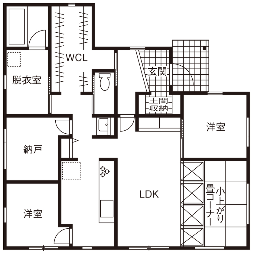 森のめぐみ工房 【1000万円台後半／平屋／間取り図有】猫ちゃんファースト！猫の自由と人の快適さを両立する、木の家の間取り図（2LDK+納戸+畳コーナー）1階