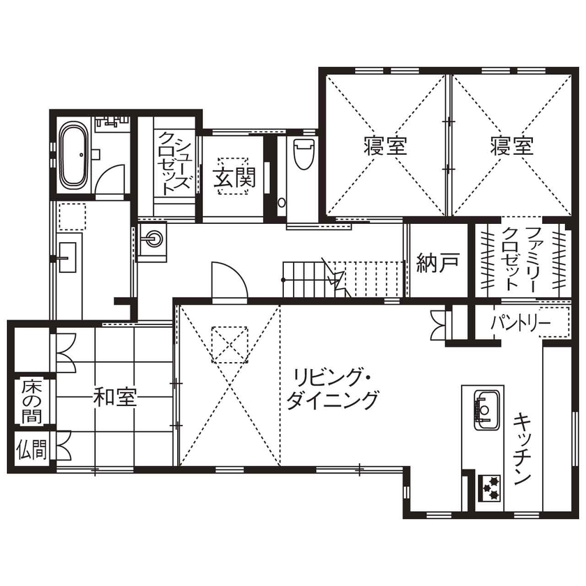 北条工務店一級建築士事務所 【奈良／3000万円台／和モダン／間取り図】老後は1階だけで暮らしが完結。平屋感覚で暮らせる2階建て住宅の間取り図（５LDK＋WCL）1階