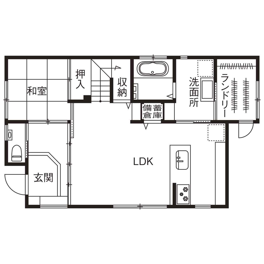 北条工務店一級建築士事務所 【新築／間取り／2000万円台】風致地区で、建ぺい率と容積率が厳しい場所の31坪の家の間取り図（３LDK＋ランドリー）１階