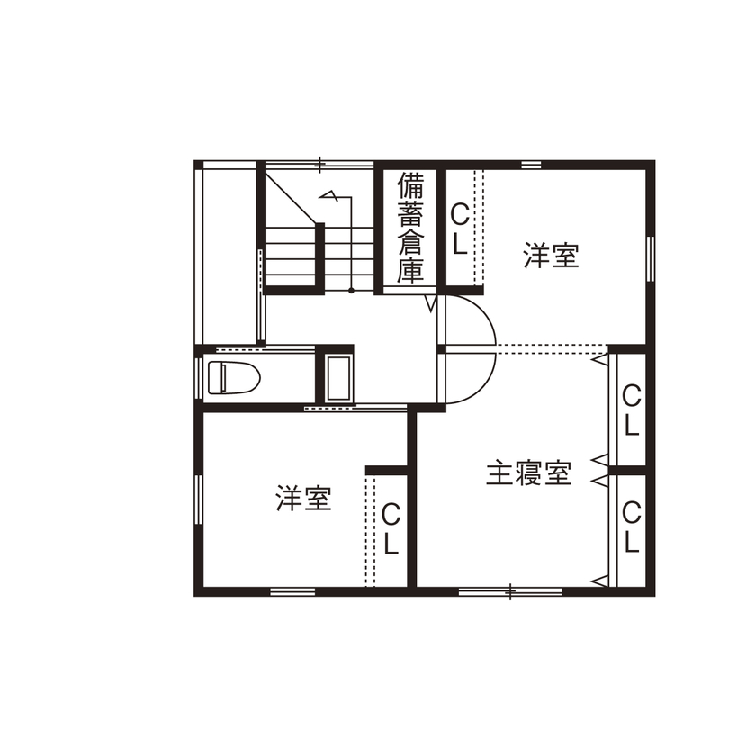 北条工務店一級建築士事務所 【新築／間取り／2000万円台】風致地区で、建ぺい率と容積率が厳しい場所の31坪の家の間取り図（３LDK＋ランドリー）２階