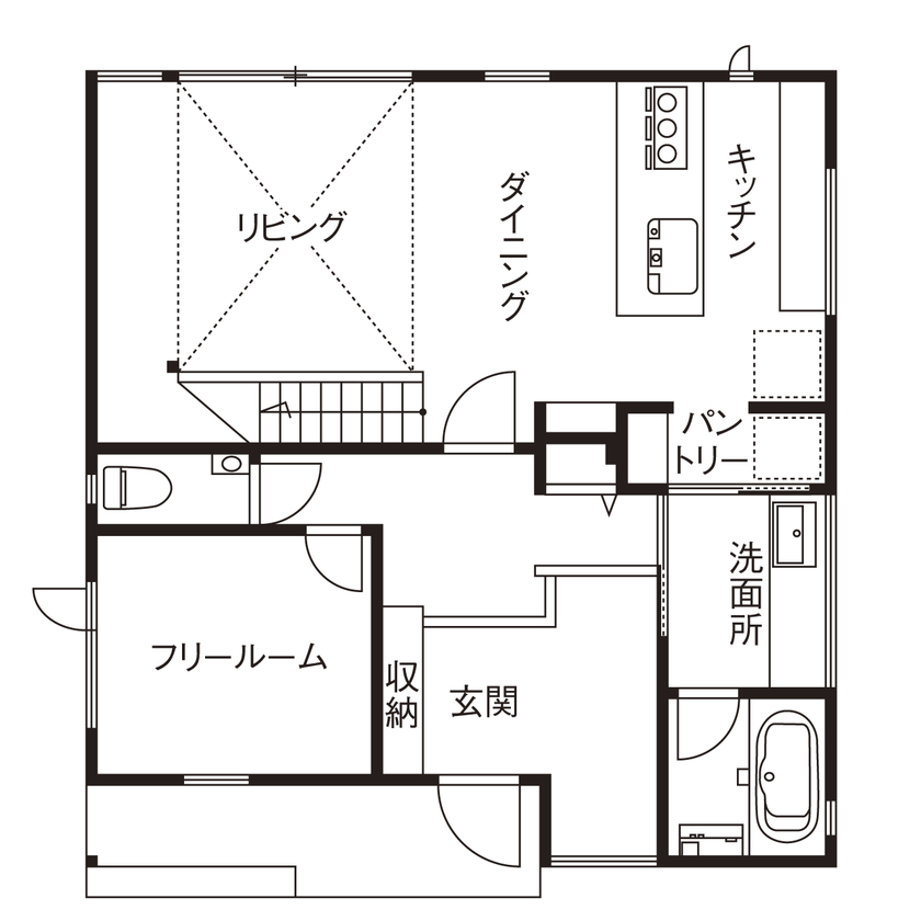 北条工務店一級建築士事務所 【新築／間取り／2000万円台】立地の特徴を最大限に活かす設計で、美しく快適に過ごせる家にの間取り図（４LDK＋パントリー）１階