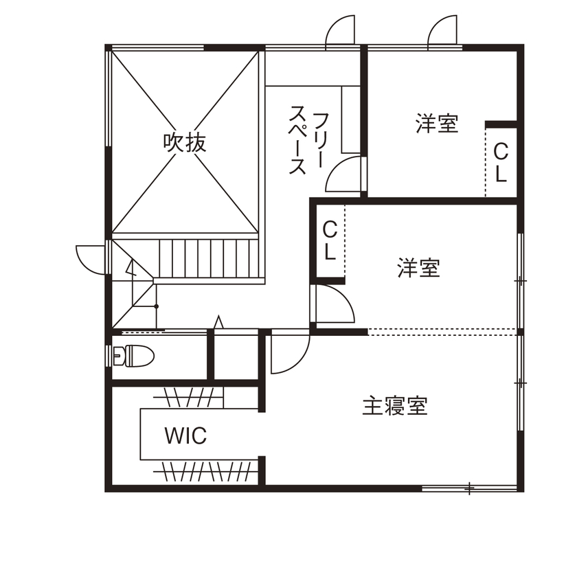 北条工務店一級建築士事務所 【新築／間取り／2000万円台】立地の特徴を最大限に活かす設計で、美しく快適に過ごせる家にの間取り図（４LDK＋パントリー）２階