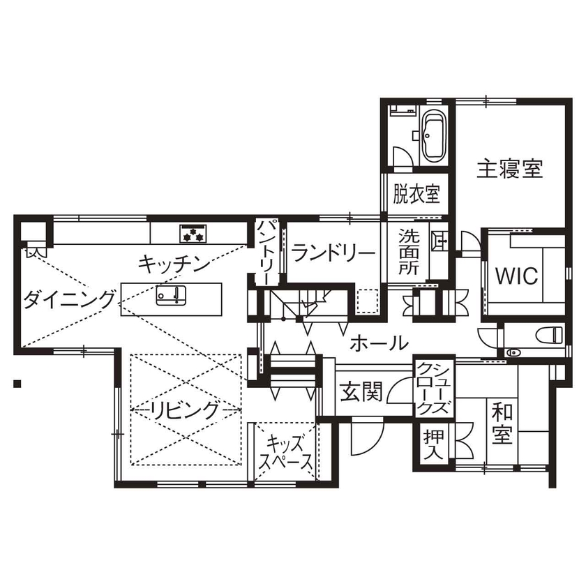 北条工務店一級建築士事務所 【奈良／4000万円台／ほぼ平屋／間取り図】空間がつながり、家族のつながりがさらに強くなる平屋のような家の間取り図（４LDK＋納戸）1階