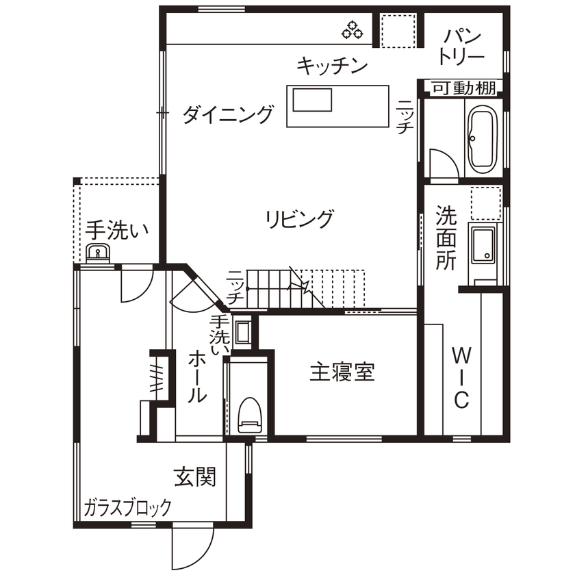 北条工務店一級建築士事務所 【新築／間取り／3000万円台】木製窓から緑の遊歩道。周辺環境に調和するダイナミック空間をSE構法で実現の間取り図（4LDK）１階