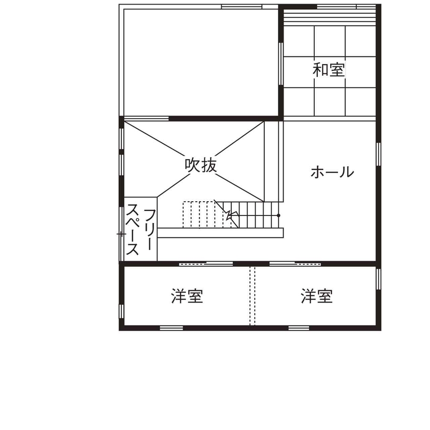 北条工務店一級建築士事務所 【新築／間取り／3000万円台】木製窓から緑の遊歩道。周辺環境に調和するダイナミック空間をSE構法で実現の間取り図（4LDK）２階