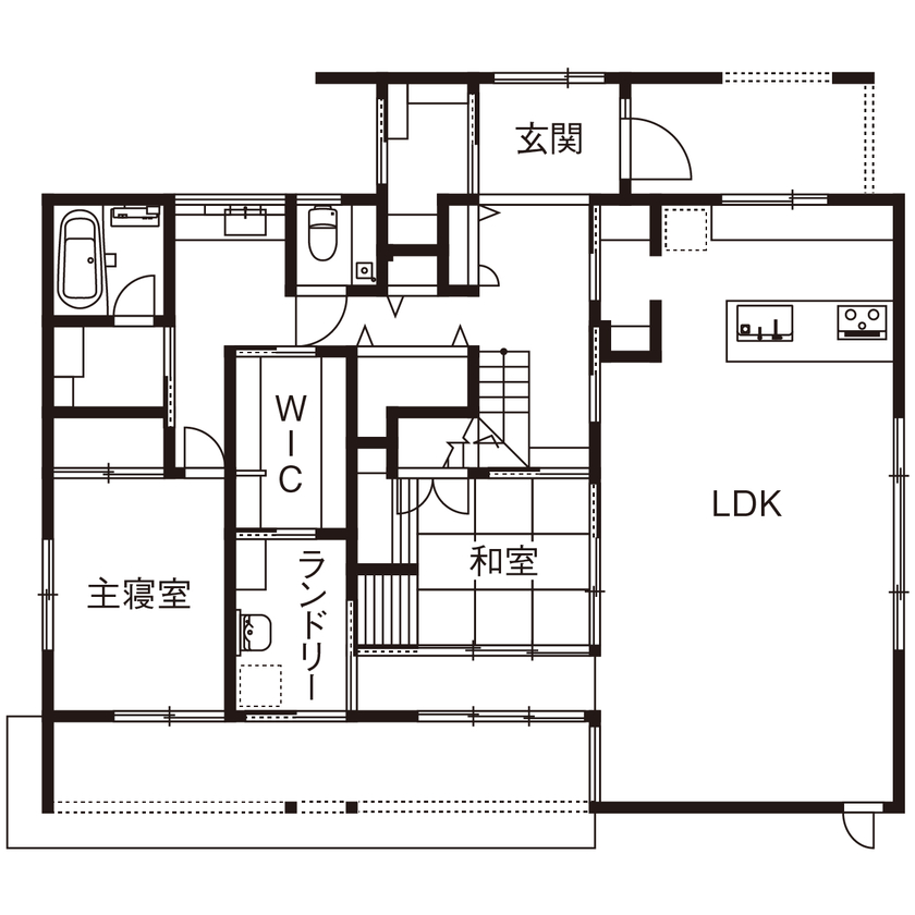 北条工務店一級建築士事務所 【大阪/平屋風の家/4000万円台】広がる視界、開放感を生み出す勾配天井…、大らかに子育てを楽しむ家の間取り図（4LDK）1階