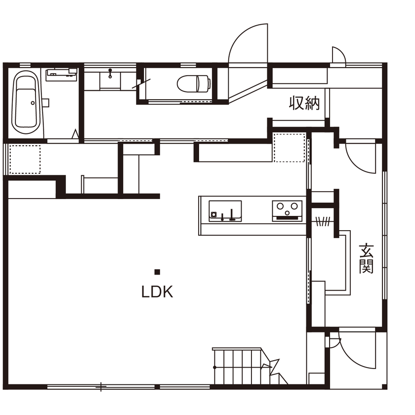 北条工務店一級建築士事務所 【京都/吹き抜け/土間/3000万円台】木の質感を楽しみながら、家族みんなで長い時間をかけて育てていく家の間取り図（2LDK）1階