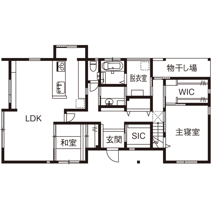 北条工務店一級建築士事務所 【奈良県／4000万円台／間取り図】家族の団らんもリモートワークも快適に。子育て中の共働き夫婦が建てた家の間取り図（5LDK＋書斎）1階