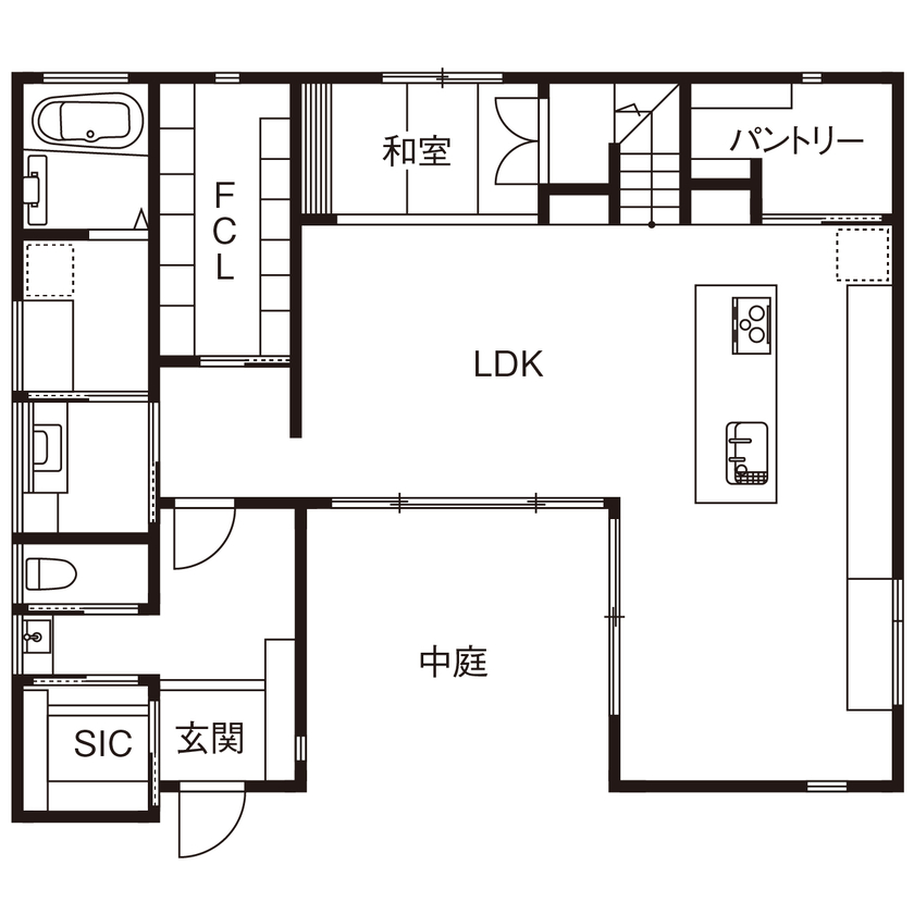 北条工務店一級建築士事務所 【奈良／4000万円台／間取り図】中庭から導く自然光や爽やかな風が気持ちいい、自然素材に心がやすらぐ家の間取り図（３LDK＋納戸）1階