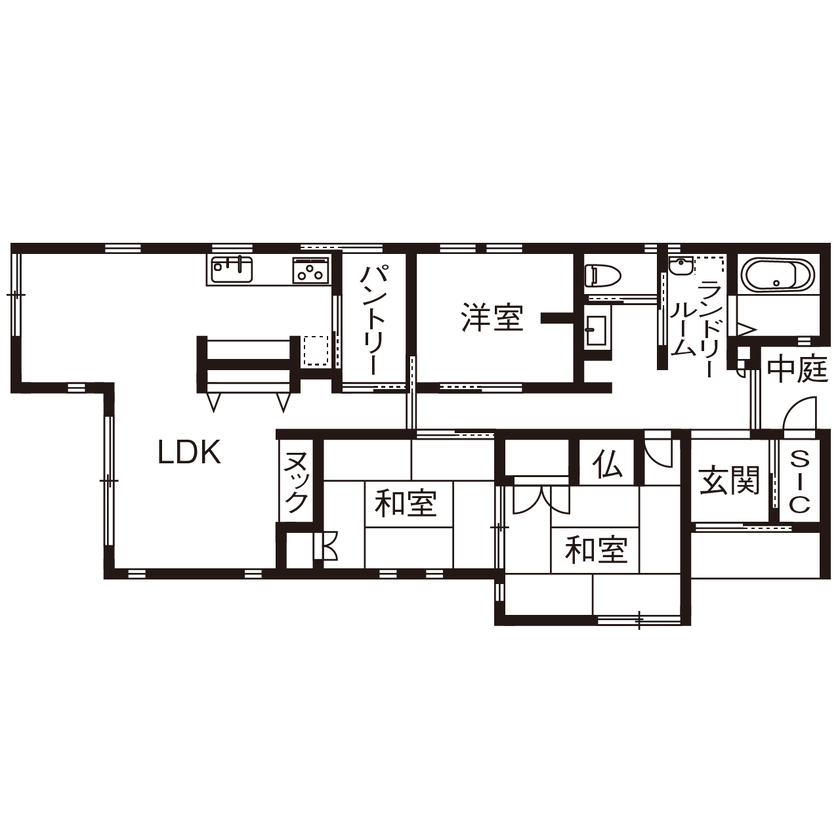 北条工務店一級建築士事務所 【奈良／平屋／5000万円台／間取り図】思い出が詰まった実家の建て替え。愛着のある家の面影を散りばめての間取り図（３LDK）1階