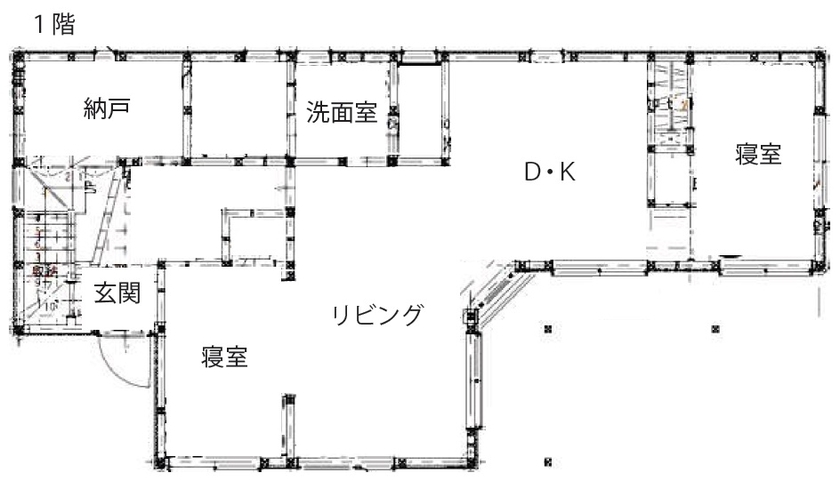 一級建築士事務所　和工務店 【全棟気密測定/44坪/横浜市/間取図】玄関共有で広々リビングを叶えた完全分離型二世帯住宅の間取り図（4LDK）1階