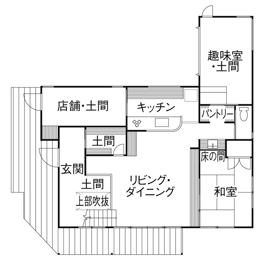 一級建築士事務所　和工務店 【全棟気密測定/47坪/間取図】外遊びに夢中になれるアウトドアガレージのある家の間取り図（4LDK）１階