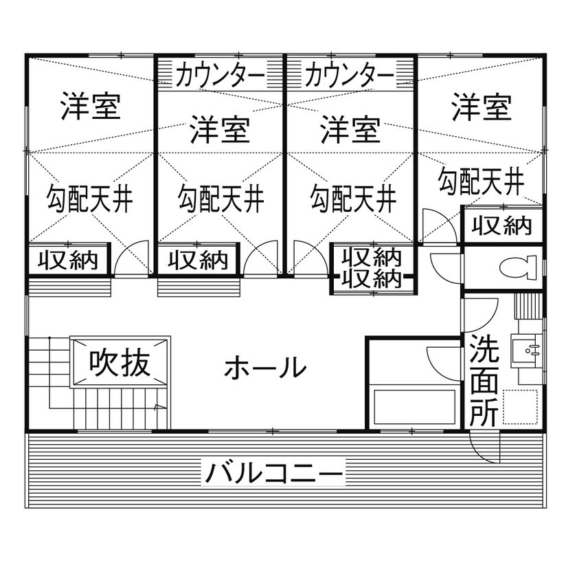 一級建築士事務所　和工務店 【全棟気密測定/47坪/間取図】外遊びに夢中になれるアウトドアガレージのある家の間取り図（4LDK）２階