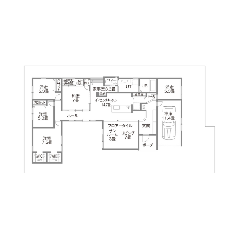 ヤマトホーム 【47坪/ 平屋 / ビルドインガレージ/スキップフロア  】3年後も変わらず寛ぎに満ちた家の間取り図（5K以上）1階