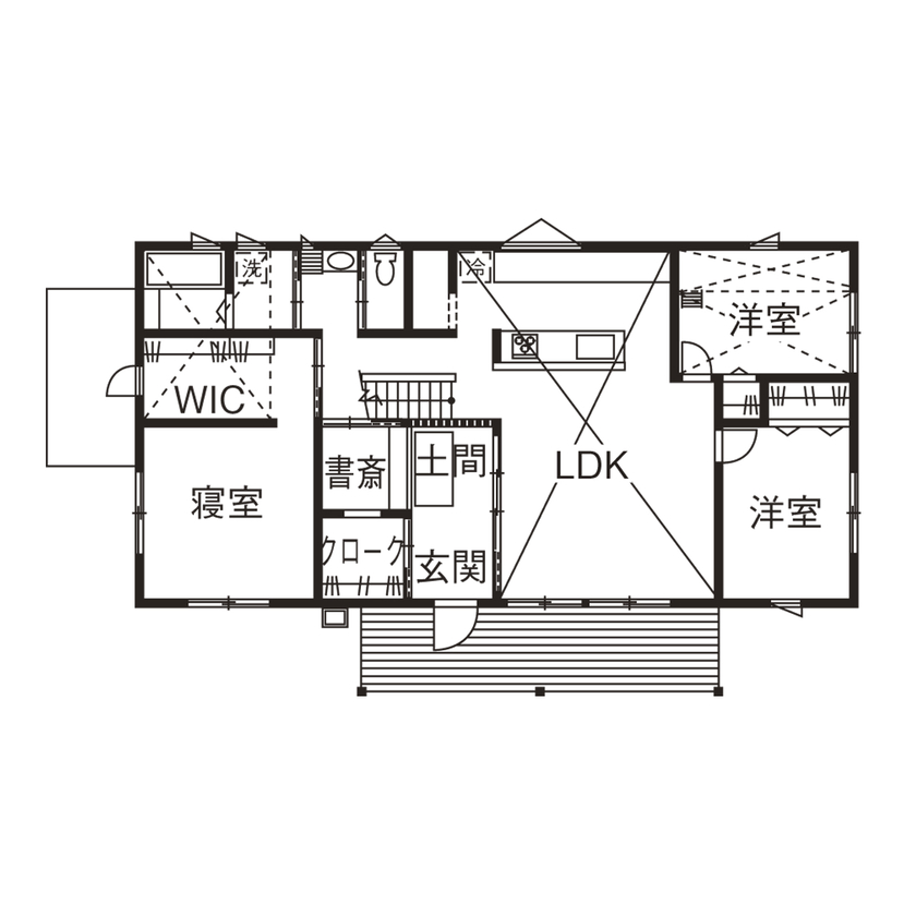 Vie house  ハンドメイドと珪藻土で叶えた、平屋のように暮らす木の住まいの間取り図（4LDK＋小屋裏収納）1階