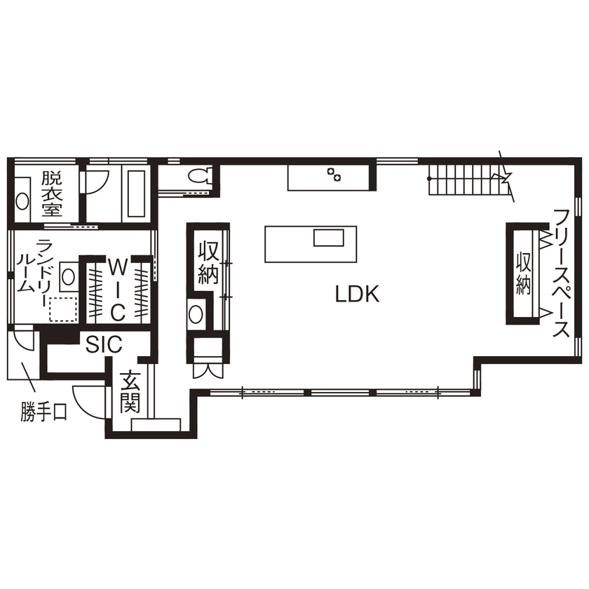 ミューズの家 【4000万円台|50坪台|間取り|バルコニー】開放感たっぷりのリビング+大開口で伸びやかな空間が広がる住まいの間取り図（3LDK）１階