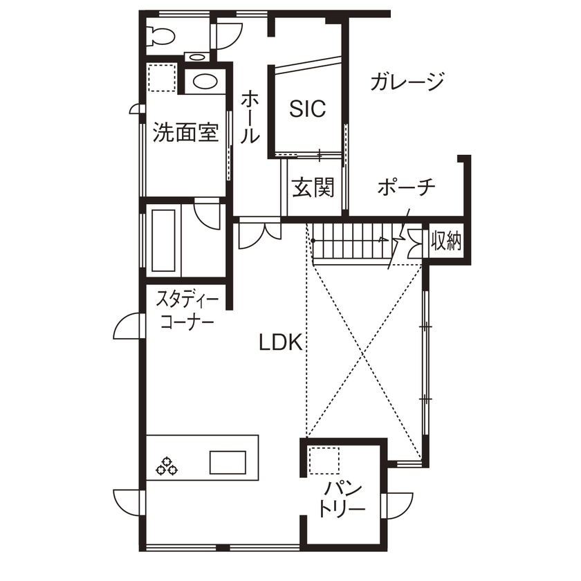 ミューズの家 【3000万円台|40坪台|間取り|2階建て】存在感のある吹き抜けが魅力。バルコニーとスキップフロアのある家の間取り図（3LDK）１階