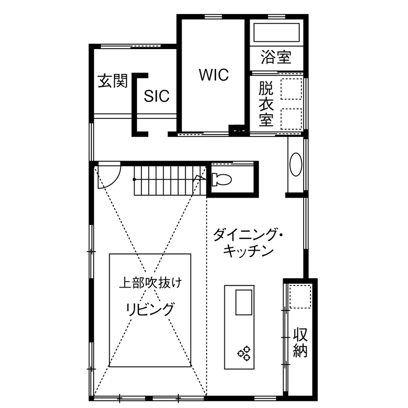 ミューズの家 【3000万円台|30坪台|間取り|2階建て】開放感あふれる吹き抜け＆ピットリビング。木×アイアンの美しい家の間取り図（3LDK）1階