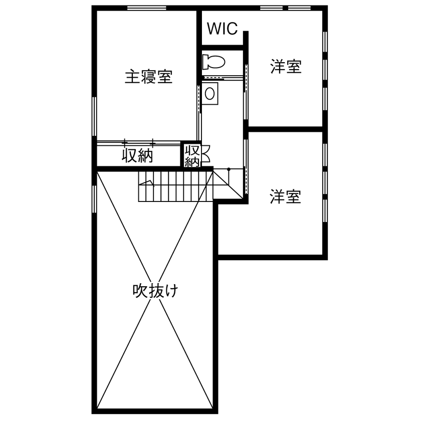 ミューズの家 【3000万円台|30坪台|間取り|2階建て】開放感あふれる吹き抜け＆ピットリビング。木×アイアンの美しい家の間取り図（3LDK）2階