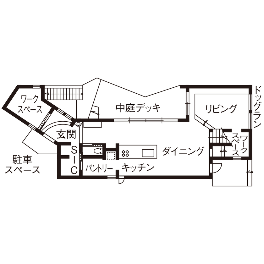 ミューズの家 【ライトコート|ペットと暮らす】内と外をつなぐ回遊動線が、家族のこころを開放し、安心を紡ぐの間取り図（3LDK＋ワークスペース）１階