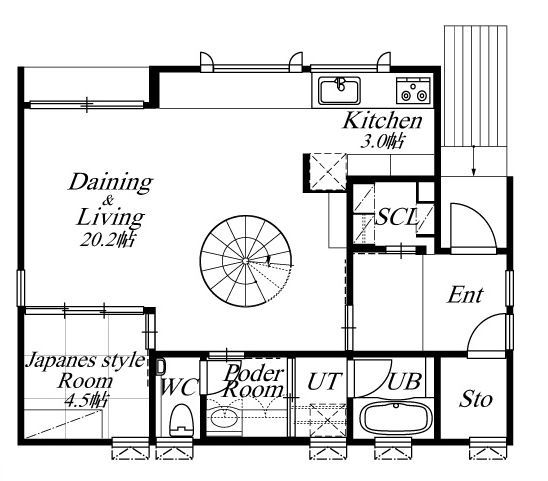 AD設計室 【札幌市/4LDK/吹き抜け】１階2階を繋ぐダイナミックならせん階段の家の間取り図（4LDK）1階