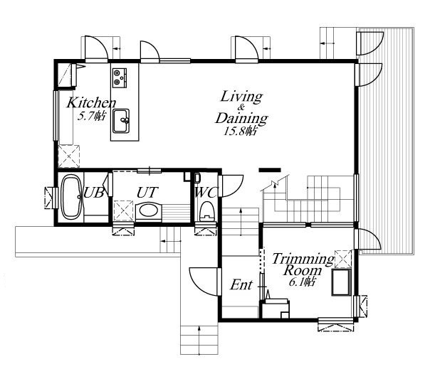 AD設計室 【札幌市/4LDK/収納充実】愛犬のためのトリミングルームも設置！傾斜地を利用したスキップフロアの家の間取り図（5K以上）1階