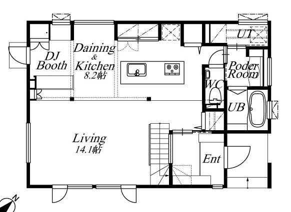AD設計室 【札幌市/3LDK/収納充実】コストを抑えつつ、高級感を醸し出す。シャープな外観でDJブースのある家の間取り図（3LDK）1階