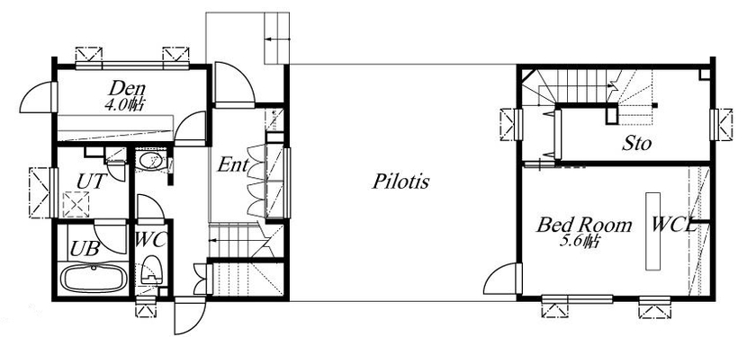 AD設計室 【札幌市/ピロティ/DEN】在宅勤務に対応、プライベートとワークスペースを明確に分けたこれからの住まいの間取り図（3LDK）1階